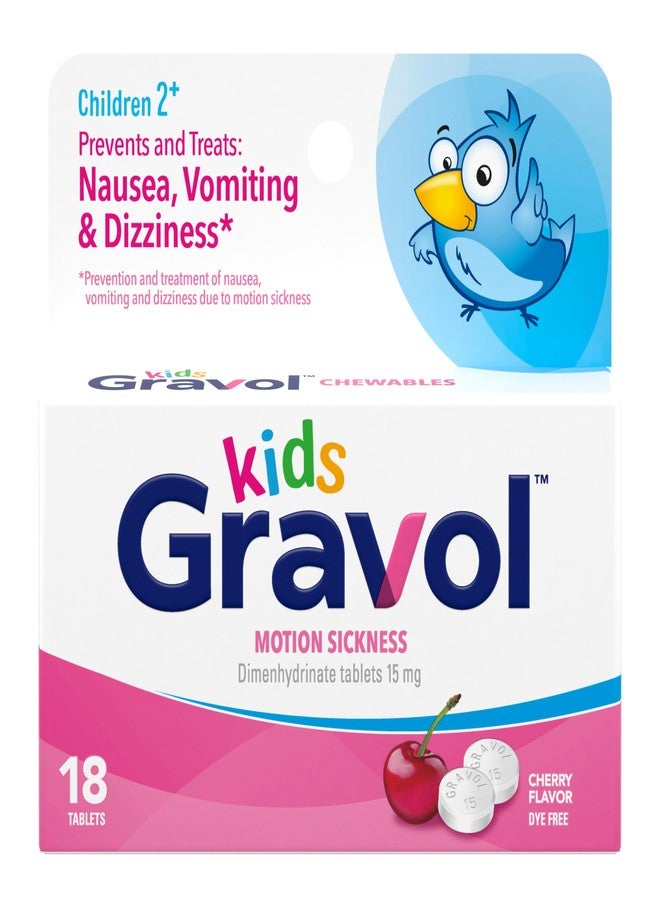 Gravol Kids Chewable Tablets for Nausea, Upset Stomach and Motion Sickness Relief, Dye Free, Cherry Flavor, Age 2 to 12, 18ct - Image 1